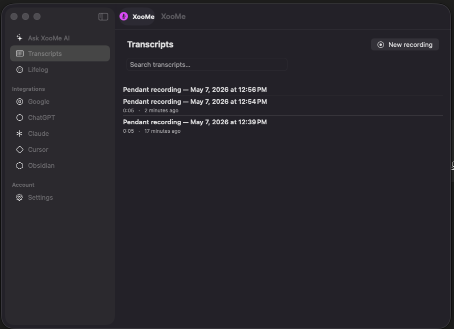 XooMe main window showing transcripts list